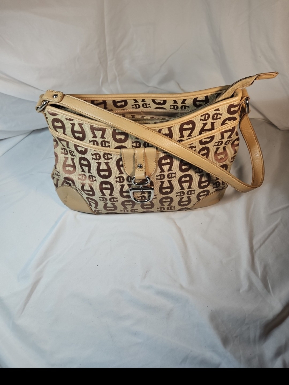 Etienne Aigner Beige and Brown Logo Shoulder Bag